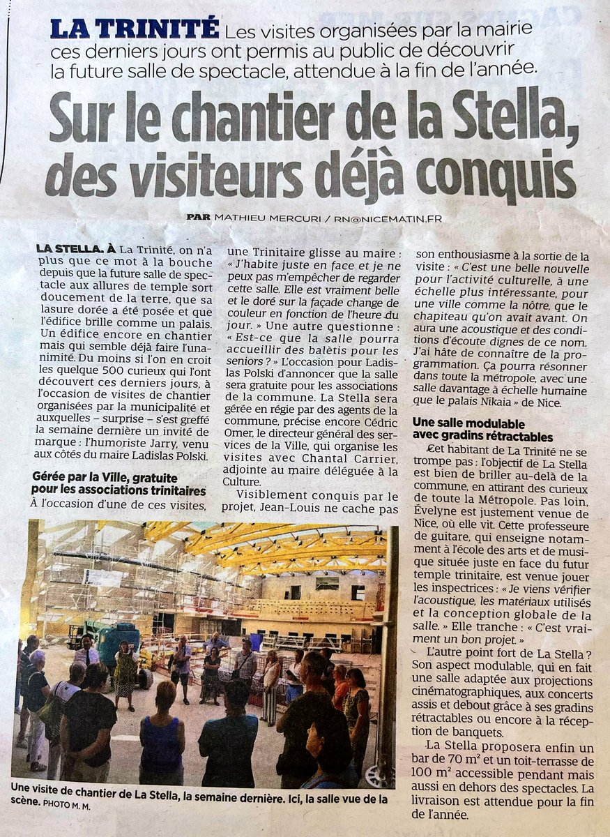 CerviChristophe's tweet photo. La Stella mise à l’honneur dans @Nice_Matin 🎉 Un projet culturel d’envergure sur lequel nous avons eu le privilège de contribuer via le Conseil consultatif de la vie communale. Bravo à @VilleLaTrinite & @LadislasPolski 👏 #Culture #LaTrinité #LaStella https://t.co/Zo6l5rIR9y