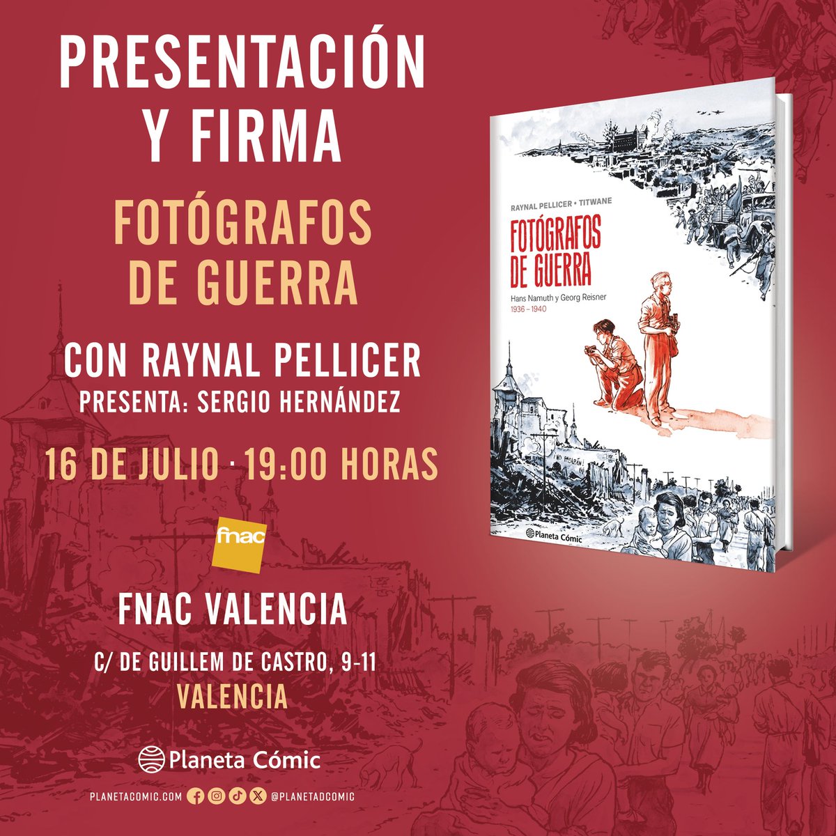 📷 ¡Acércate esta tarde a la presentación de #FotógrafosDeGuerra en <a href="/Fnac_ESP/">Fnac España</a> de #Valencia!

Su guionista, Raynal Pellicer, presentará la obra acompañado por <a href="/SergioHdezAutor/">SergioHernández</a>.

🕐 16/07 | 19:00h
📍C/ de Guillem de Castro, 9-11

✍️Tras la presentación, habrá firma de ejemplares.