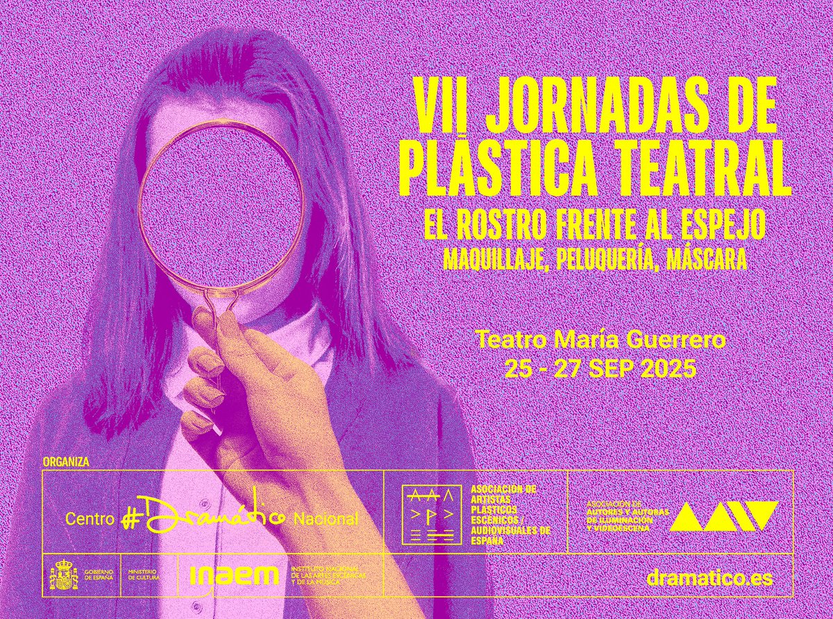 Vuelven las #JornadasDePlásticaTeatral organizadas por <a href="/centrodramatico/">CDN</a>, <a href="/asociacionaapee/">Asociación aapee</a> y <a href="/Aai_Adadi/">Asociación de Autores de Iluminación</a>. Con el título “El rostro frente al espejo”, están dedicadas al maquillaje, la peluquería y la máscara. Del 25 al 27 SEP en el Teatro María Guerrero. dramatico.inaem.gob.es/vii-jornadas-p…