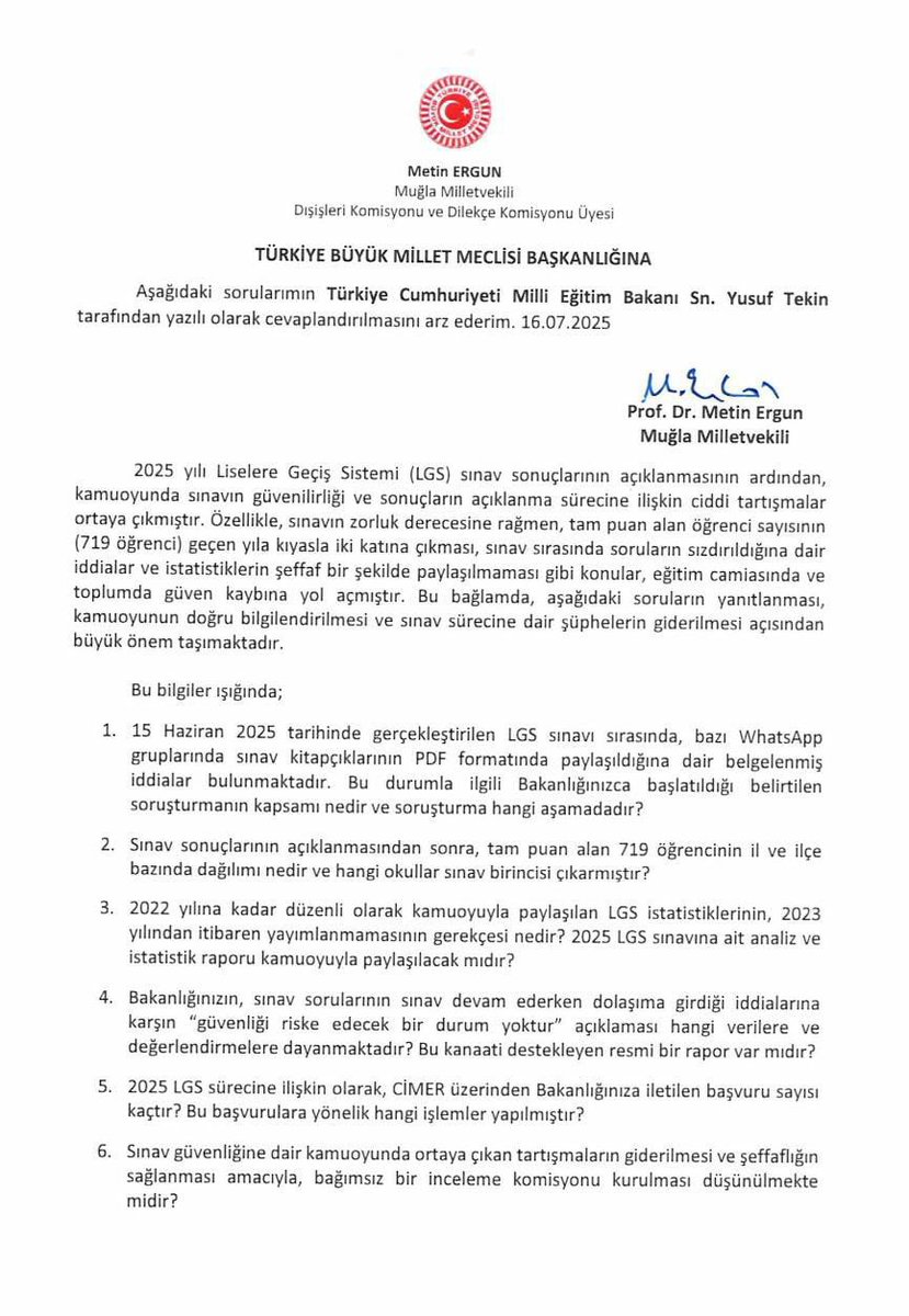 📚2025 LGS ile ilgili olarak, Milli Eğitim Bakanı Sn. Yusuf Tekin'e soruyoruz:

📌 LGS sınav kitapçıklarının dışarıya sızdırılmasını "soruşturuyoruz" demiştiniz, soruşturma ne durumda?

📌Sınav sorularının dolaşıma sokulmasına karşı, neye dayanarak "güvenliği riske edecek bir