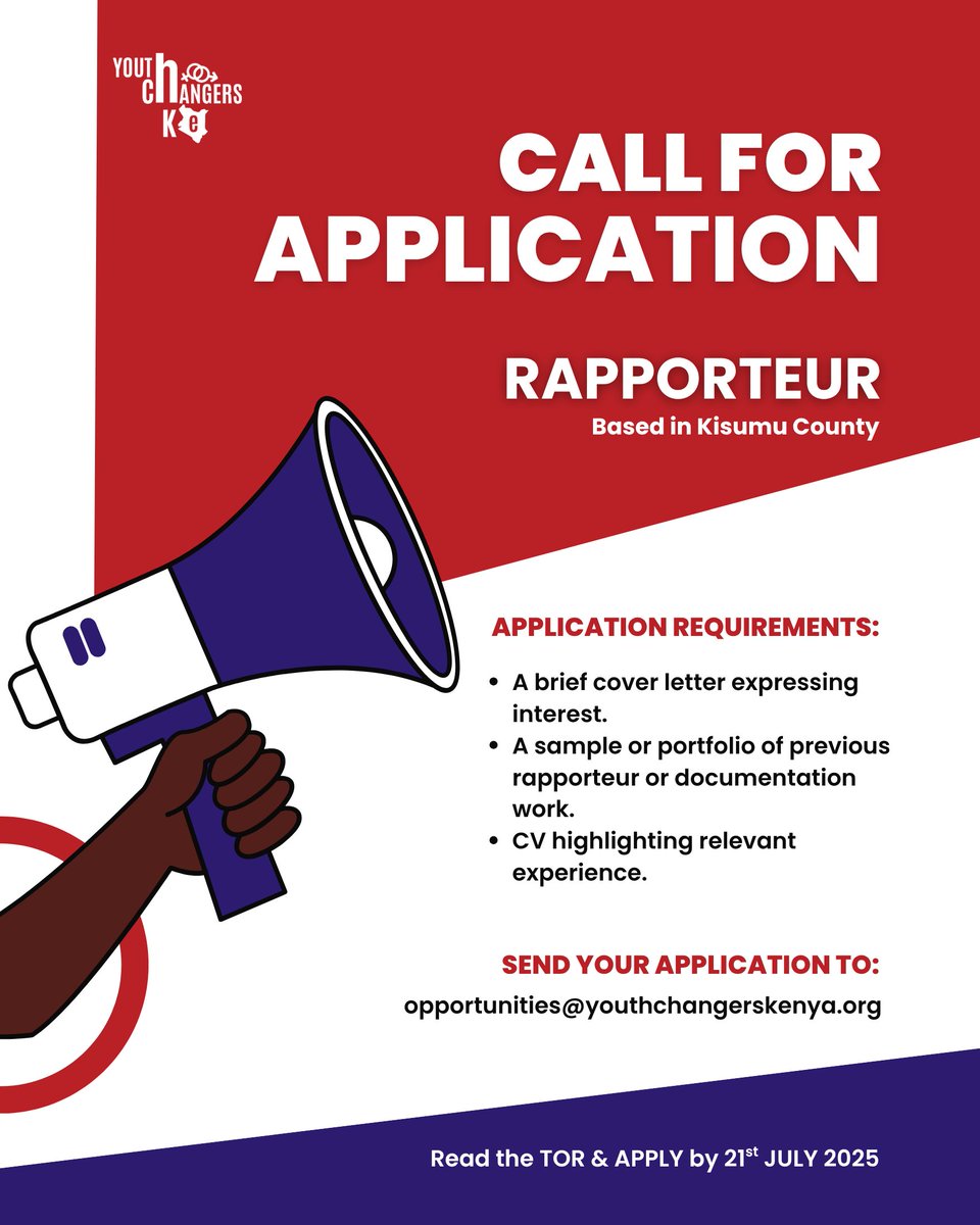 Youth Changers Kenya(YCK) (@yc_kenya) on Twitter photo 📢 Call for Application!
We’re looking for a Rapporteur based in Kisumu County to document and produce a comprehensive report for an upcoming one-day summit.
Read the TOR and Apply ➡️ bit.ly/3GO8qZG
Send your application to opportunities@youthchangerskenya.org
🗓️ 📢 Call for Application!
We’re looking for a Rapporteur based in Kisumu County to document and produce a comprehensive report for an upcoming one-day summit.
Read the TOR and Apply ➡️ bit.ly/3GO8qZG
Send your application to opportunities@youthchangerskenya.org
🗓️