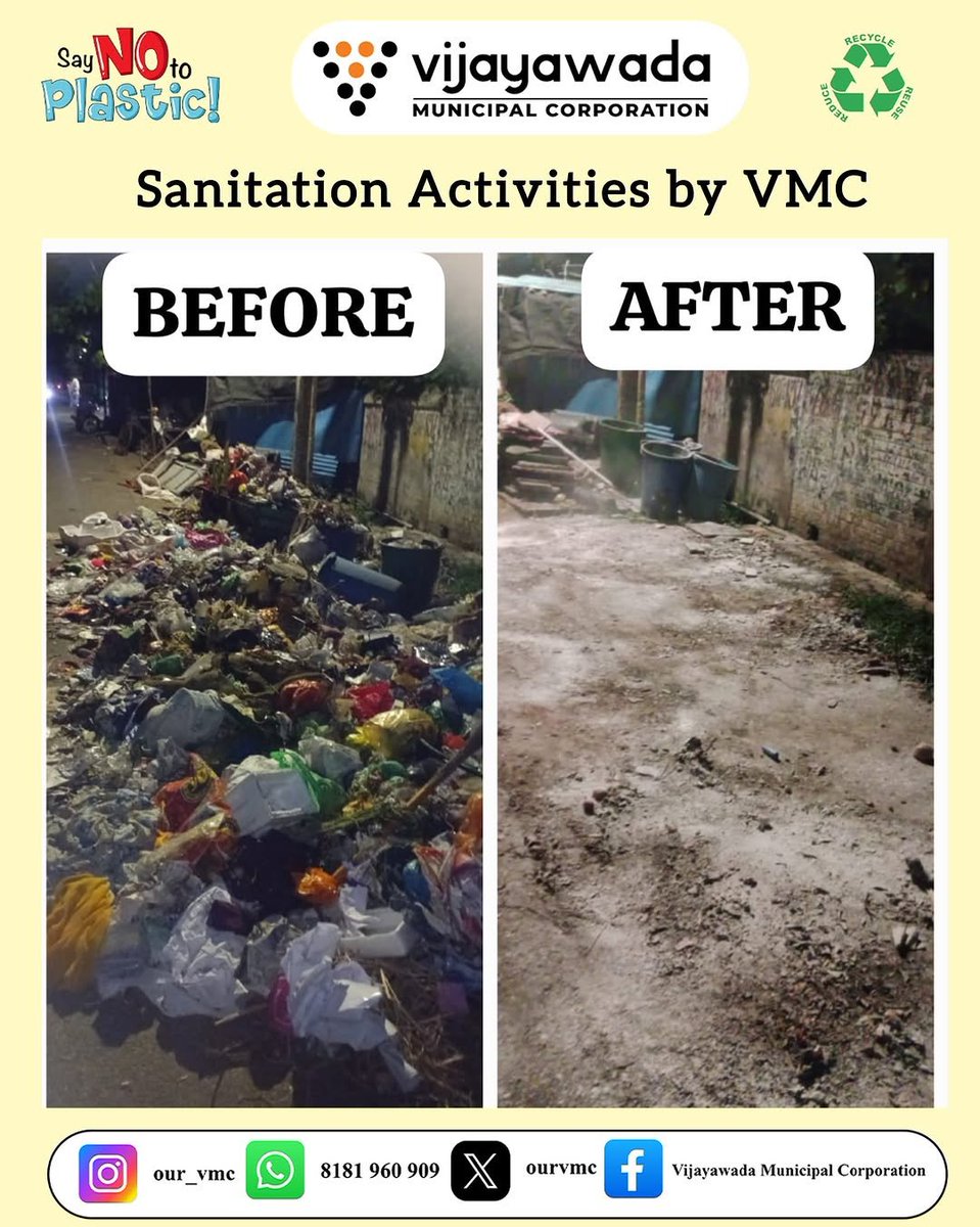 Keeping Vijayawada Clean &amp; Green🌿
VMC continues daily sanitation, garbage collection &amp; disinfectant spraying across the city for a healthier environment.
Let’s segregate waste &amp; keep our city litter-free💪
#OURVMC #SwachhVijayawada #CleanCityGreenCity #SwachhBharat #Vijayawada
