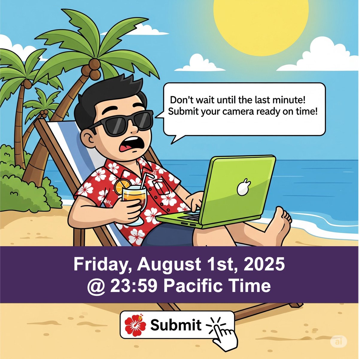 ICCVConference's tweet image. 🌺 Aloha!
The camera-ready deadline is coming up!
🗓️ Friday, August 1, 2025
⏰ 23:59 Pacific Time
Don't wait until the last minute!