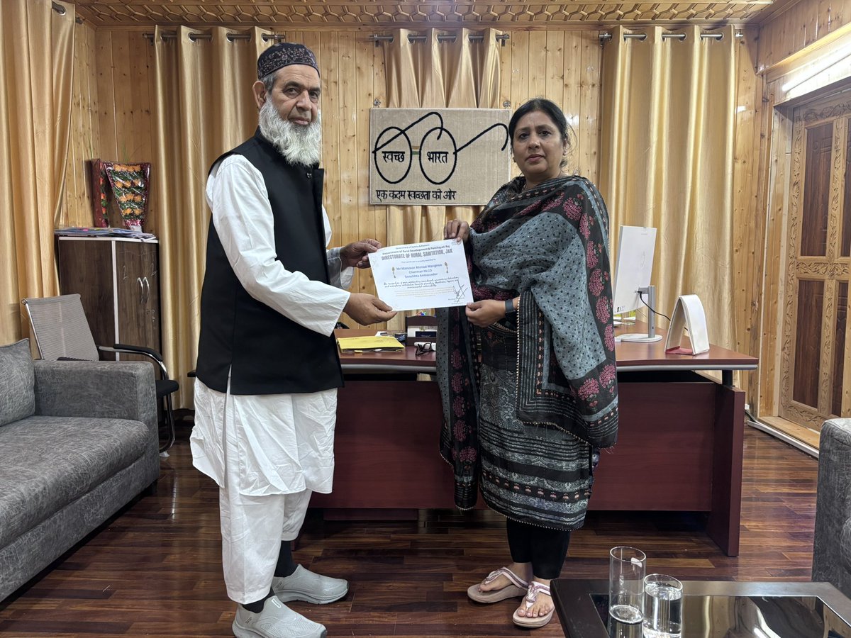 SBM-G, Jammu and Kashmir (@mission_sbm) on Twitter photo Mr Manzoor Ahmad Wangnoo, <a href="/wangnoo_manzoor/">Manzoor Wangnoo</a>
Chairman NLCO, felicitated by Director General Rural Sanitation Ms Anoo Malhotra (JKAS) as Swachhta Ambassador for his unwavering commitment and recognition of his outstanding work in environmental conservation, water body restoration, Mr Manzoor Ahmad Wangnoo, <a href="/wangnoo_manzoor/">Manzoor Wangnoo</a>
Chairman NLCO, felicitated by Director General Rural Sanitation Ms Anoo Malhotra (JKAS) as Swachhta Ambassador for his unwavering commitment and recognition of his outstanding work in environmental conservation, water body restoration,