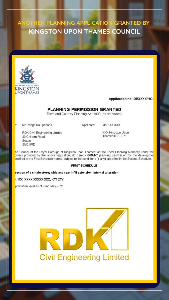 Another wave of successful planning approvals and lawful development certificates for RDK Civil Engineering Limited! 🎉

#PlanningSuccess #PlanningPermission #LawfulDevelopment #RDKCivilEngineering #UKProperty #ConstructionIndustry #ArchitecturalDesign #ProjectApproved