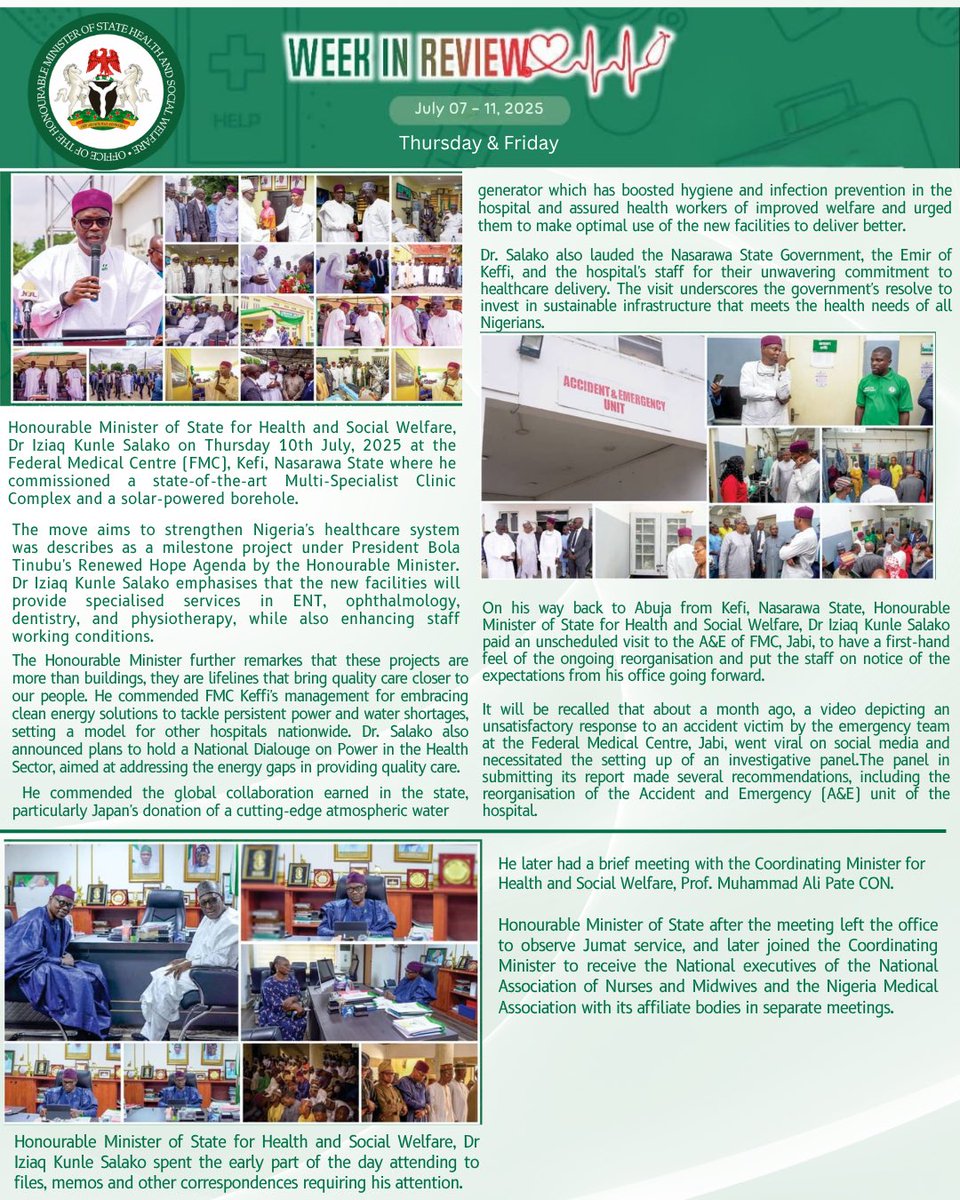 Fmohnigeria's tweet image. WEEK IN REVIEW: From Policy to Impact
From strengthening partnerships to championing reforms, it was a week of purposeful engagement for the Honourable Minister of State for Health and Social Welfare, Dr. Iziaq Kunle Salako:
🤝🏾Tuesday: Dialogue with NMA on industrial harmony,…