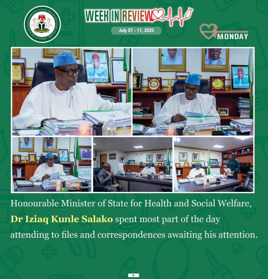 Fmohnigeria's tweet image. WEEK IN REVIEW: From Policy to Impact
From strengthening partnerships to championing reforms, it was a week of purposeful engagement for the Honourable Minister of State for Health and Social Welfare, Dr. Iziaq Kunle Salako:
🤝🏾Tuesday: Dialogue with NMA on industrial harmony,…