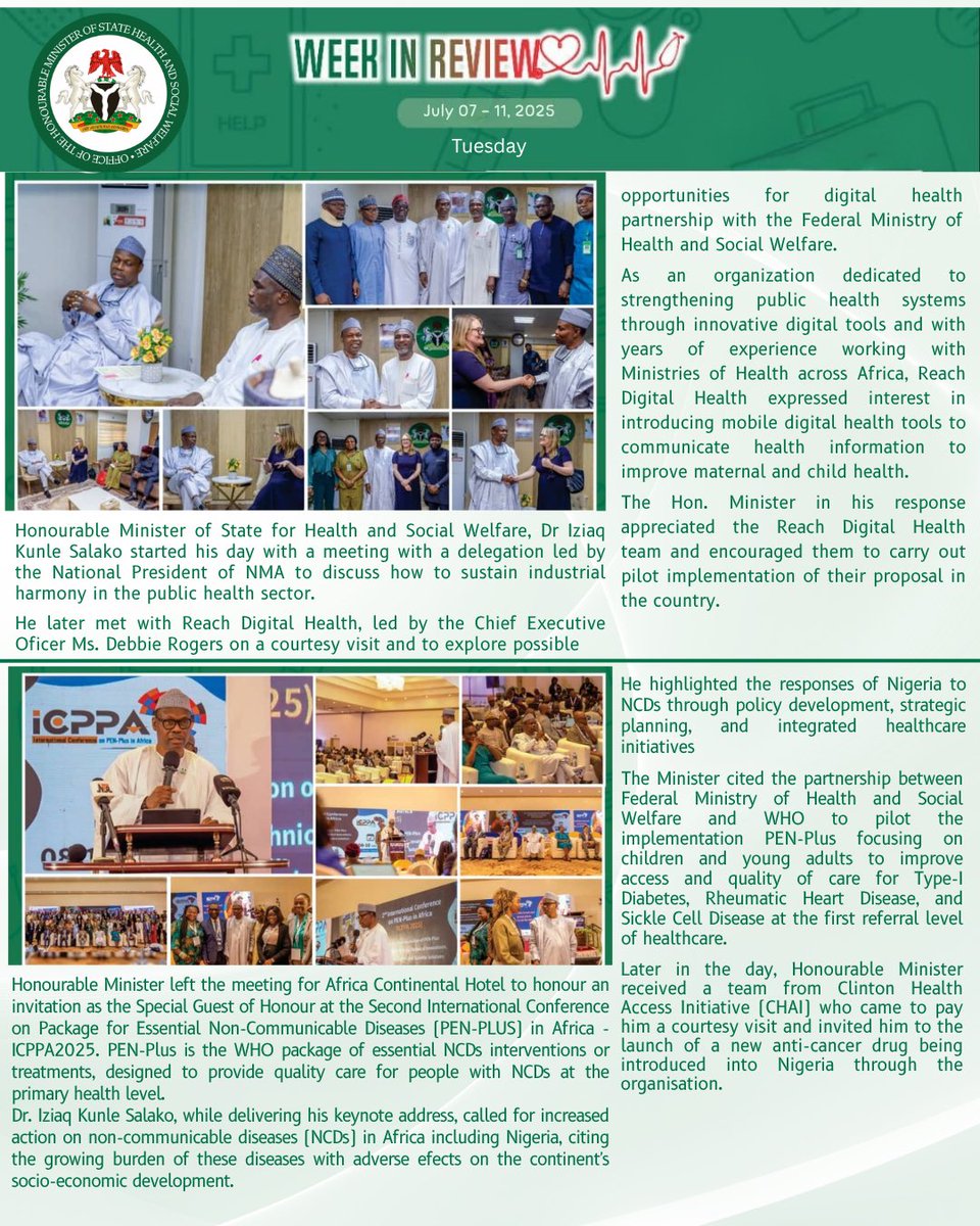 Fmohnigeria's tweet image. WEEK IN REVIEW: From Policy to Impact
From strengthening partnerships to championing reforms, it was a week of purposeful engagement for the Honourable Minister of State for Health and Social Welfare, Dr. Iziaq Kunle Salako:
🤝🏾Tuesday: Dialogue with NMA on industrial harmony,…