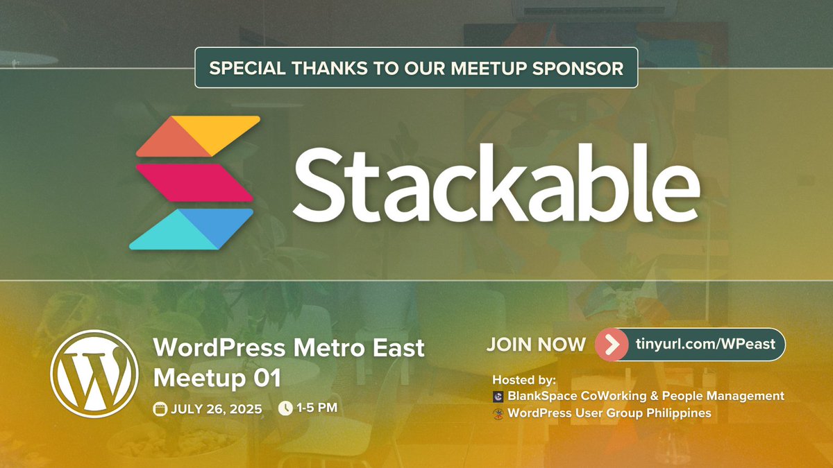 WPUGPH's tweet image. Massive thanks to our fantastic meetup sponsor, @StackableWP!
Your support helps us bring the #WordPress Metro East meetup to life.
Only 10 spots left! Register now 👉 tinyurl.com/WPeast 🗓️ July 26, 1-5 PM