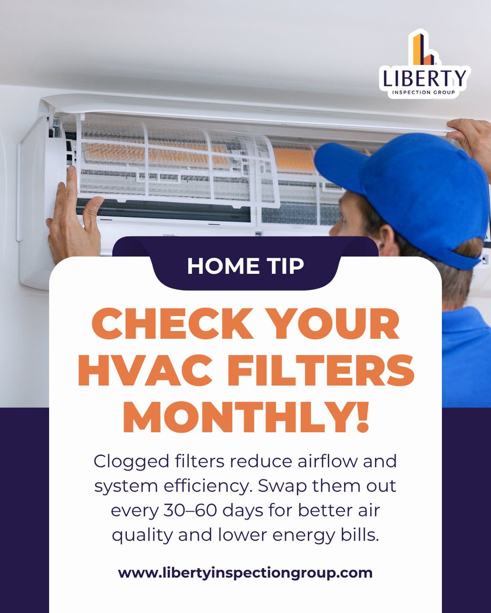 LibertyInspects's tweet photo. 🏠 Check Your HVAC Filters Monthly!

Dirty filters = poor air quality and higher bills. Swap them out every 30–60 days to keep your system running efficiently and your home breathing clean!

✅ Simple step, big impact.
📅 Set a reminder and stay ahead of HVAC issues! https://t.co/YMx3P0o876