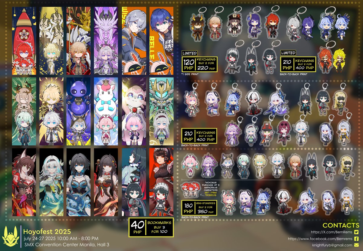 BemRems's tweet image. Good day Everyone📣! Here's my merch catalogue for HoYoFEST 2025🎉🎊at SMX Convention Center Manila, PH this July 24-27 with @1rinchii
We're at Table #11,
See you there Everyone!!👌
-10am to 8pm
#Hoyofest2025 #HoYoFEST2025catalog
#GenshinImpact #HonkaiStarRail #ZenlessZoneZero