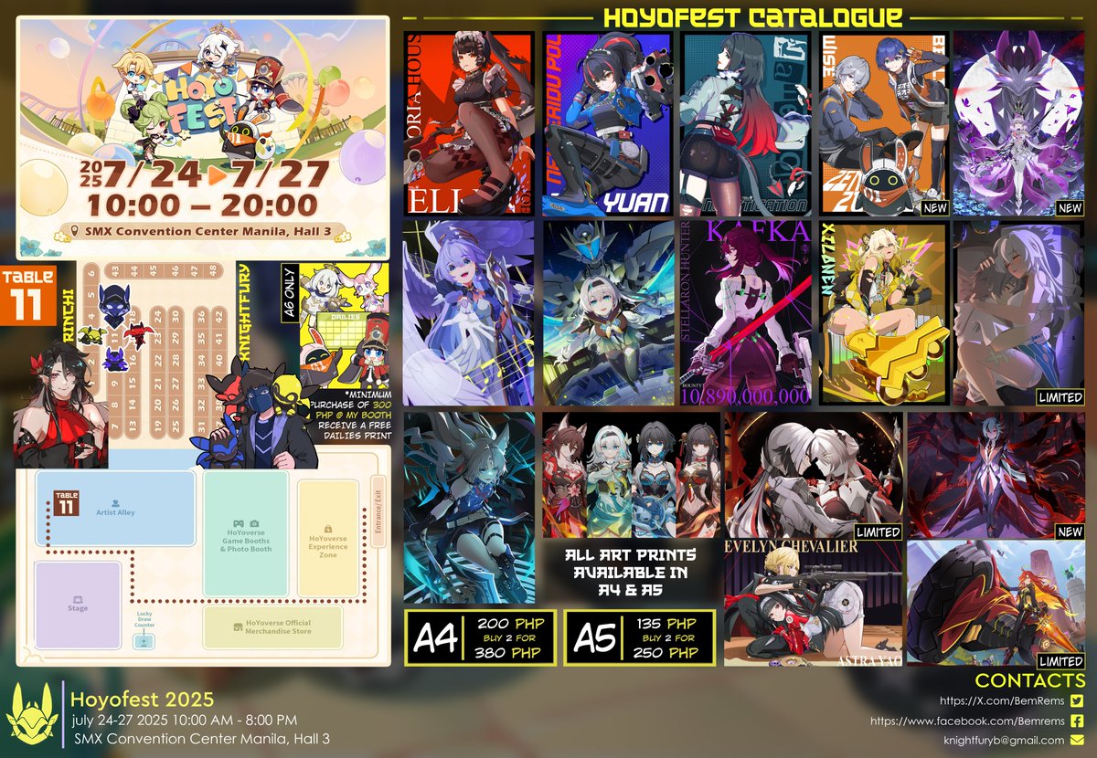 BemRems's tweet image. Good day Everyone📣! Here's my merch catalogue for HoYoFEST 2025🎉🎊at SMX Convention Center Manila, PH this July 24-27 with @1rinchii
We're at Table #11,
See you there Everyone!!👌
-10am to 8pm
#Hoyofest2025 #HoYoFEST2025catalog
#GenshinImpact #HonkaiStarRail #ZenlessZoneZero