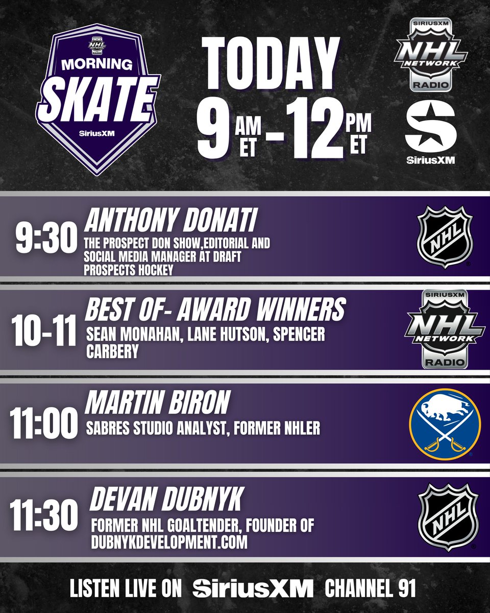 SiriusXM NHL Network Radio (@siriusxmnhl) on Twitter photo NHL Morning Skate is LIVE from 9AM-12PM ET with
<a href="/LaughlinSXM/">Scott Laughlin</a>!
🎧: SiriusXM.ca/NHLLive/ NHL Morning Skate is LIVE from 9AM-12PM ET with
<a href="/LaughlinSXM/">Scott Laughlin</a>!
🎧: SiriusXM.ca/NHLLive/