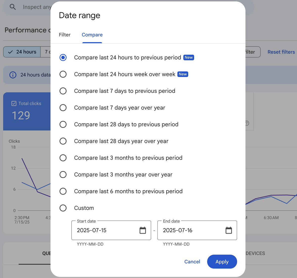 shauvikkumar's tweet image. [Just released]: Google Search Console introduces 24-hour comparison views in performance reports! 📈 

Ideal for detecting sudden spikes or dips after updates. 

A game-changer for real-time insights! #SEO #GoogleSearchConsole