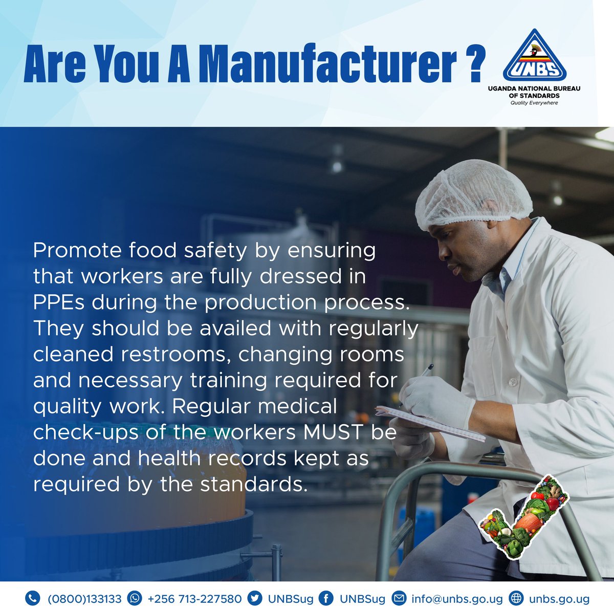 UNBSug's tweet image. Are you a manufacturer?
 
Promote food safety by ensuring that workers are fully dressed in PPEs during the production process. They should be availed with regularly cleaned restrooms, changing rooms and necessary training required for quality work. Regular medical check-ups of…