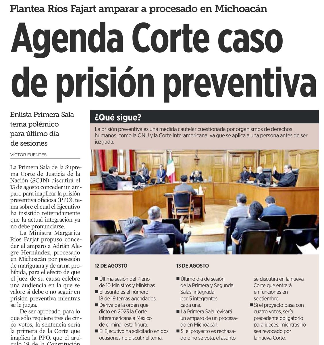 🚨 El 13 de agosto, la <a href="/SCJN/">Suprema Corte</a> podría romper con una injusticia histórica: declarar inconstitucional la prisión preventiva oficiosa. Esta medida encarcela automáticamente a personas sin juicio, sin defensa y sin análisis judicial. La <a href="/ONU_es/">Naciones Unidas</a> y la <a href="/CIDH/">CIDH - IACHR</a> ya exigieron a México