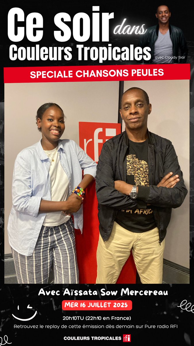 CoulTropicales's tweet photo. Ce soir @Claudysiar reçoit #AissataSowMercereau pour une émission spéciale chansons #Peules dans #CouleursTropicales sur @RFI 🔥 https://t.co/FhdF6oppbs
