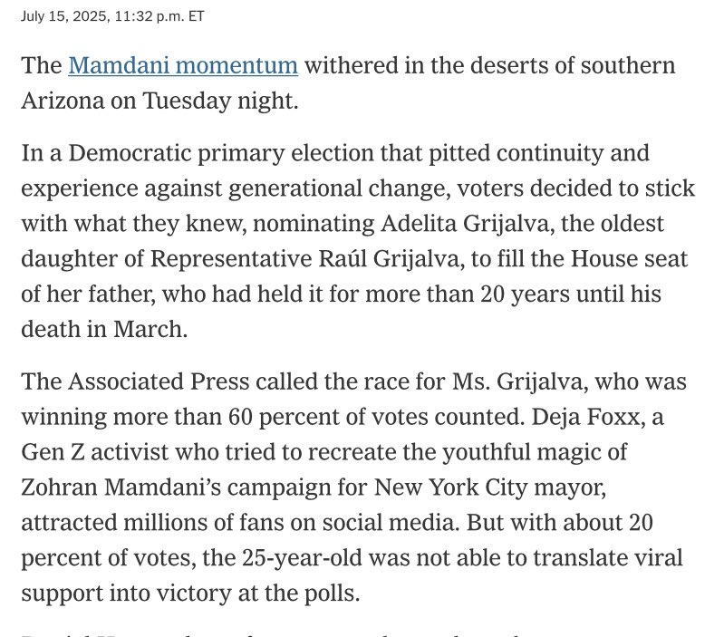 stphnfwlr's tweet image. Interesting to read a political story that starts with the “Mamdani momentum withered” in the AZ Democratic primary last night that then ends with two paragraphs acknowledging the winner was backed by the same groups/big figures that helped… give Mamdani momentum.