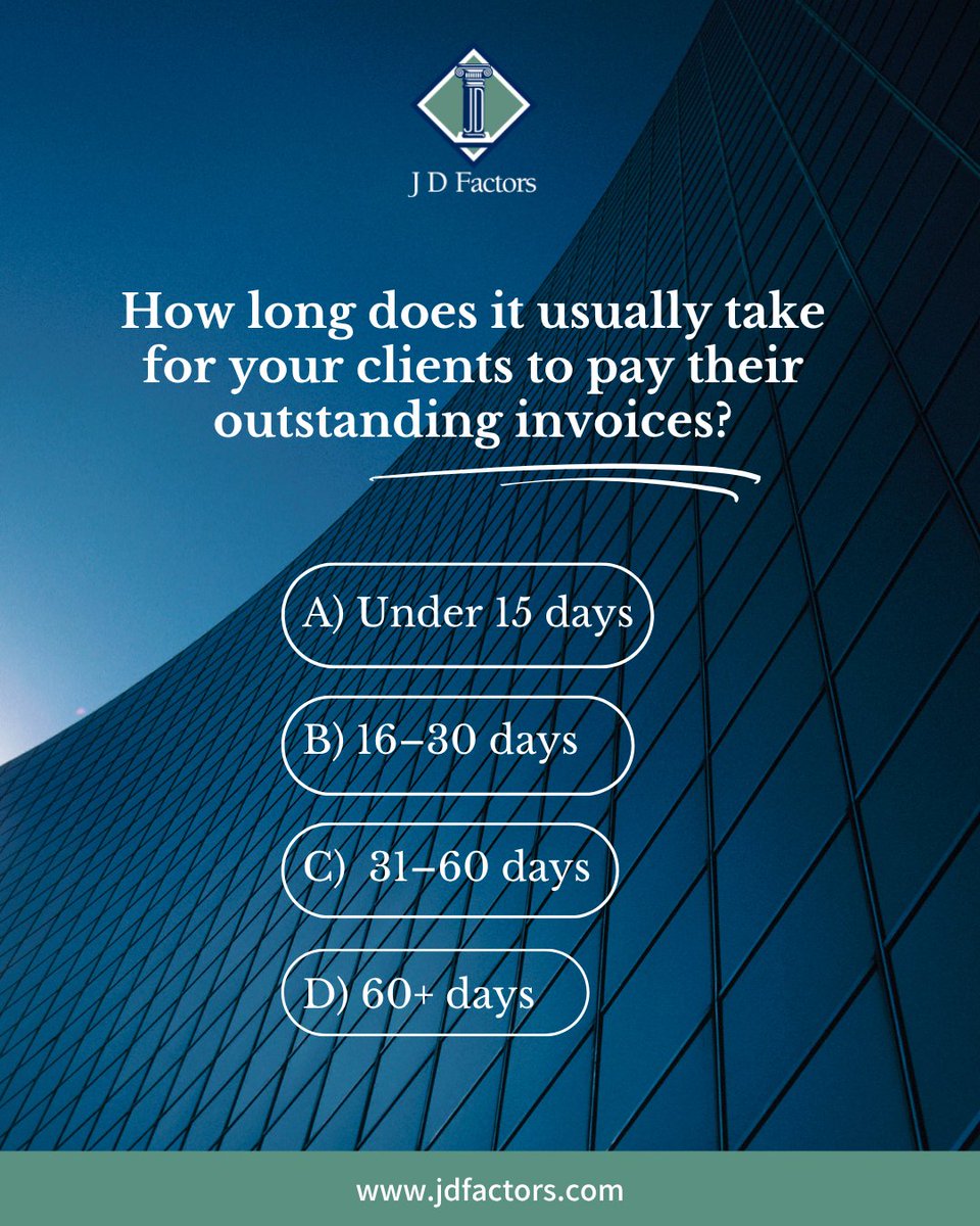 JDFactors's tweet image. How long does it usually take for your clients to pay their outstanding invoices? 💳

A) Under 15 days
B) 16–30 days
C)  31–60 days
D) 60+ days

*If only there was a way to speed this process up...

#BusinessFinances #BusinessGrowth #AccountsReceivables