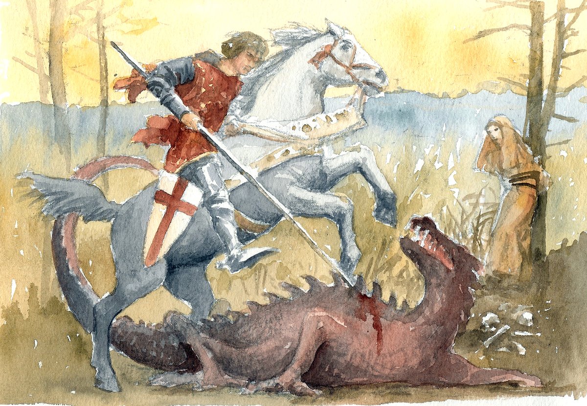 JohnCanningCo's tweet image. The artwork above the entrance of the Archdiocese of the Military Chapel was designed & produced by our artists. The paintings of St. George & St. John 23rd honor the military virtues of bravery & mercy. The #WatercolorSketch of St. George slaying the dragon is pictured here.