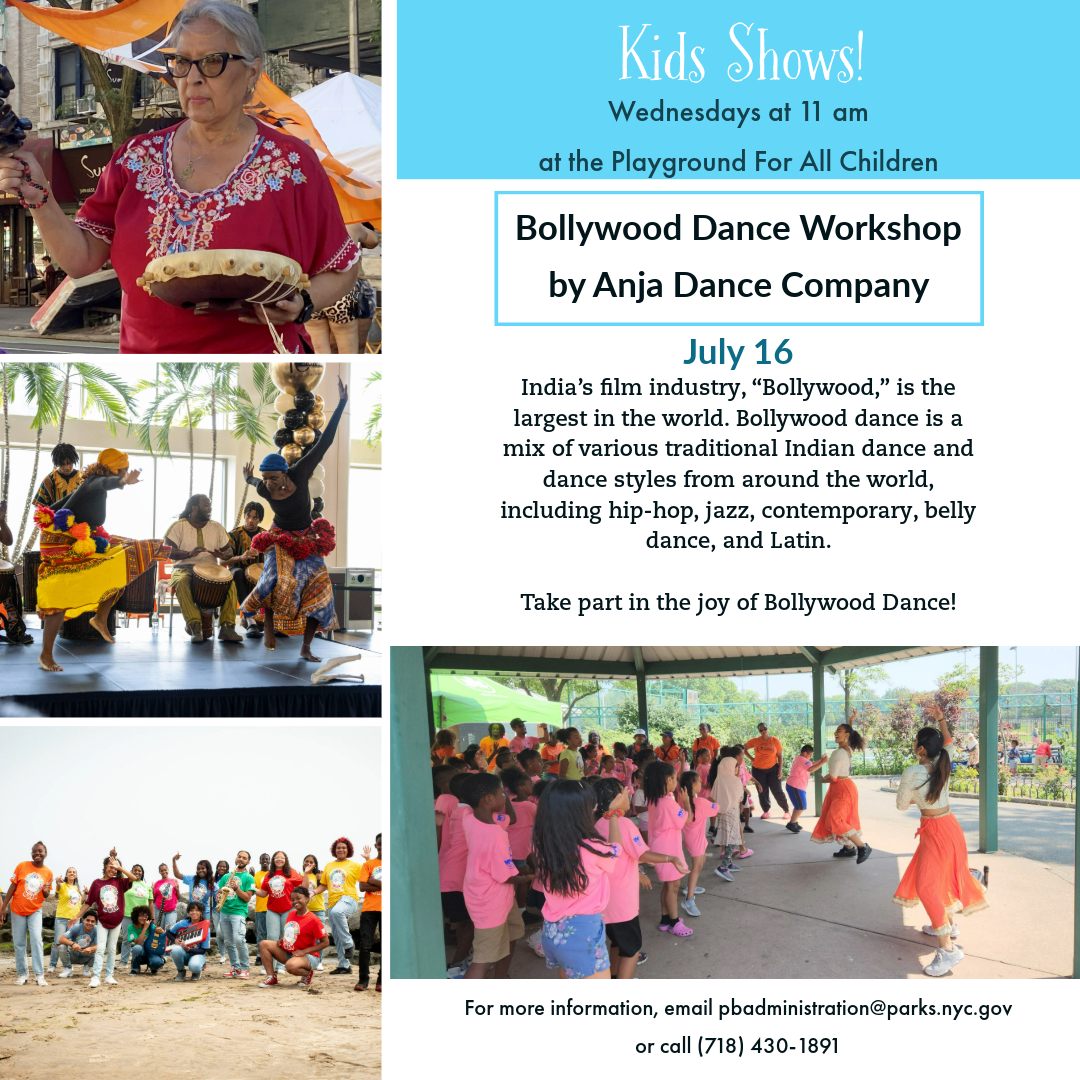 Not sure what to do with a kid off from school? Join us today (7/16) for a free Bollywood Dance workshop! Under the gazebo in the Playground for All Children (near Middletown Rd &amp; Bruckner Blvd) at 11 am.