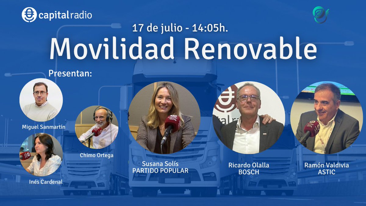 CAPITAL RADIO (@capitalradiob) on Twitter photo 🔴Este jueves, ¡vuelve Movilidad Renovable!
🎙️Presentado por <a href="/Msanmartingc/">Miguel Sanmartín</a>, <a href="/chimortega/">Chimo Ortega</a> e <a href="/i_cardenal/">Inés Cardenal Gortázar</a>, de la <a href="/plataforma_es/">Plataforma para los Combustibles Renovables</a>, contaremos con <a href="/susanasolisp/">Susana Solís</a>, del <a href="/ppopular/">Partido Popular</a>; Ricardo Olalla, de <a href="/BoschEspana/">Bosch España</a>; y <a href="/ValdiviaRVP/">R. Valdivia Palma</a>, de <a href="/astic1960/">ASTIC</a>.
📻A las 14:05h. en capitalradio.es/directo 🔴Este jueves, ¡vuelve Movilidad Renovable!
🎙️Presentado por <a href="/Msanmartingc/">Miguel Sanmartín</a>, <a href="/chimortega/">Chimo Ortega</a> e <a href="/i_cardenal/">Inés Cardenal Gortázar</a>, de la <a href="/plataforma_es/">Plataforma para los Combustibles Renovables</a>, contaremos con <a href="/susanasolisp/">Susana Solís</a>, del <a href="/ppopular/">Partido Popular</a>; Ricardo Olalla, de <a href="/BoschEspana/">Bosch España</a>; y <a href="/ValdiviaRVP/">R. Valdivia Palma</a>, de <a href="/astic1960/">ASTIC</a>.
📻A las 14:05h. en capitalradio.es/directo