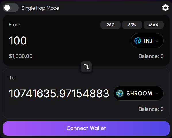 WanderingCSMNT's tweet image. How @ChoiceXchange tackles liquidity issues for @injective eco: a test using 100 $INJ trades.
Test 1: @nonja_inj $NONJA
Dojoswap: 4.40M
Choice: 4.42M
Difference: 0.45% Difference
Test 2: @trippy_inj $SHROOM
Dojoswap: 10.74M
Choice: 12.91M
Difference: 18.35% Difference