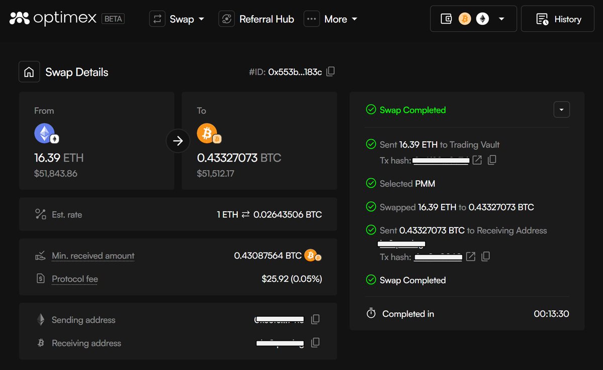 Someone betting that $BTC will outperform $ETH.

👍Agree? Swap your $ETH to $BTC!
👎Disagree? Swap your $BTC to $ETH!

How? Just use app.optimex.xyz
