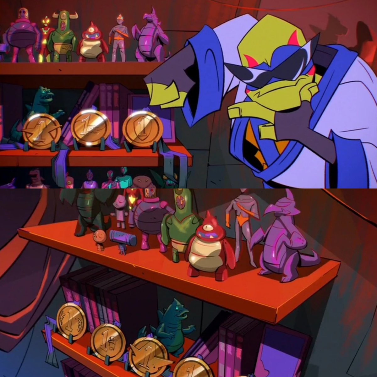 FunKaijuFacts's tweet image. Figures of Godzilla, Gigan, and Ultraman can be seen on Leonardo’s shelf in the Rise of the Teenage Mutant Ninja Turtles episode 'Lair Games.'
