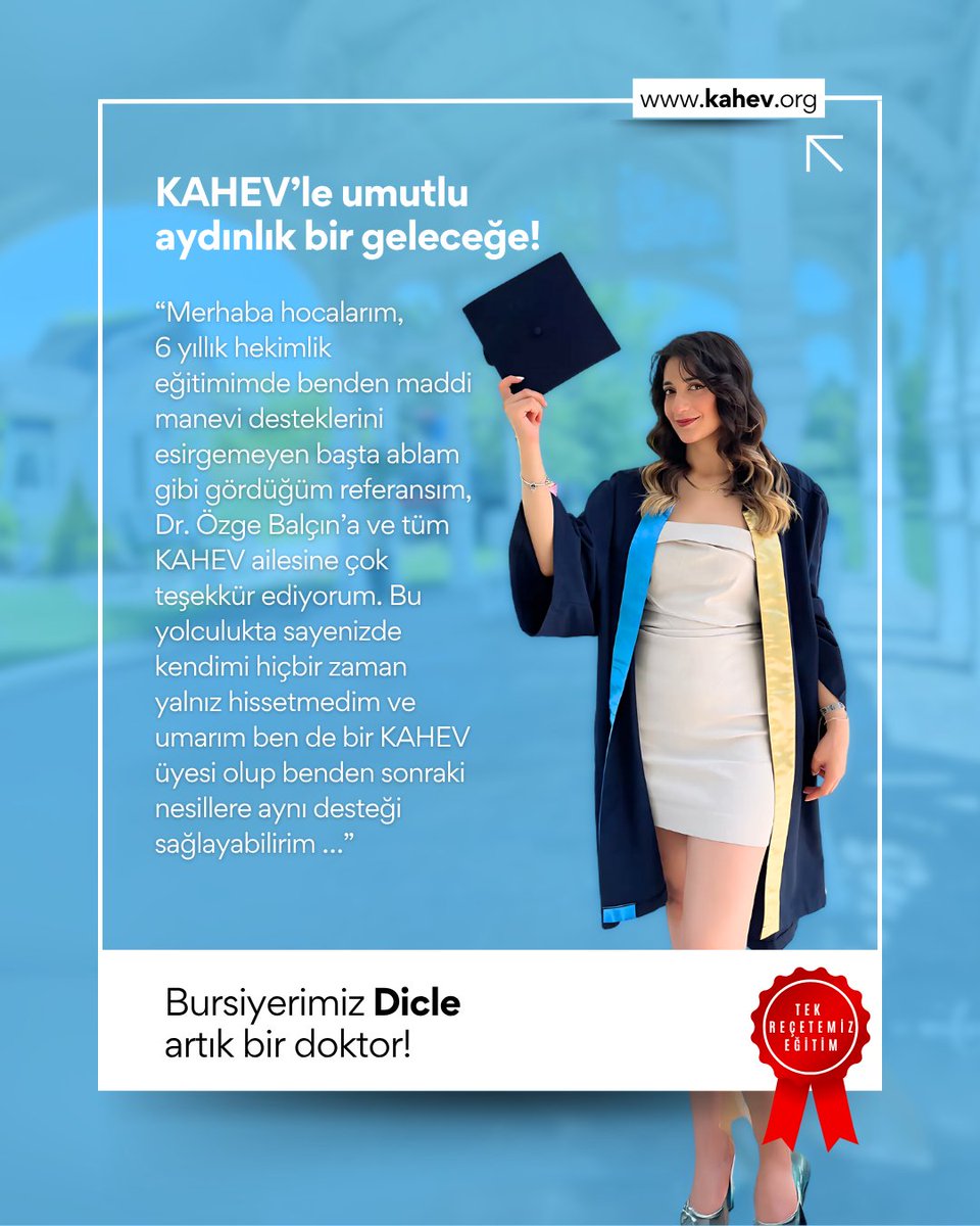 Mezun bursiyerlerimizden güzel mesajlar almaya devam ediyoruz. Mezun bursiyerimiz Dicle’nin KAHEV’e destek ve gönül veren herkese mesajı var! Bursiyerimiz Dicle Zirek, artık bir doktor.

#KAHEV #BursiyerHikayesi #İyilikleBüyüyoruz #GeleceğeUmut #KızÇocuklarıOkusun #EğitimeDestek