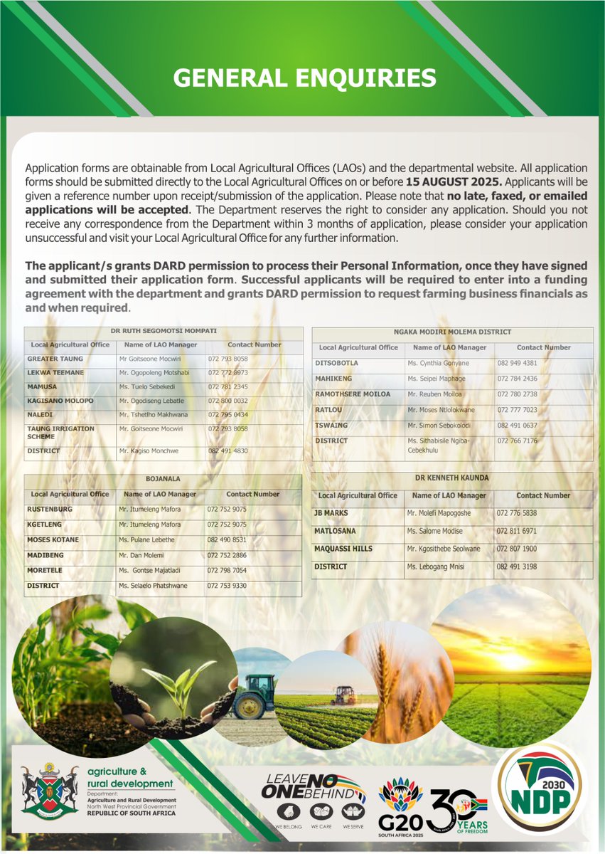 2026/2027 FUNDING APPLICATIONS NOW OPEN! 
The North West Department of Agriculture and Rural Development together with the National Department of Agriculture, invites all eligible farmers to apply for CASP and Ilima/Letsema conditional grants for the 2026/2027 financial year.