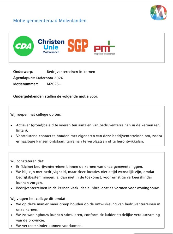 Pieter van Bruggen (@pietervbruggen) on Twitter photo Gisteravond 2 moties (samen met <a href="/cdamolenlanden/">CDA Molenlanden</a>, <a href="/SGPMolenlanden/">SGP Molenlanden</a> en PM) over actiever grondbeleid aangenomen!
Belangrijk naast reactie richting <a href="/zuid_holland/">Provincie Zuid-Holland</a> over 3ha-locaties en motie <a href="/Pieter_Grinwis/">Pieter Grinwis</a> over extra middelen voor wijkjes erbij in kleine kernen.
<a href="/CUMolenlanden/">ChristenUnie Molenlanden</a> Gisteravond 2 moties (samen met <a href="/cdamolenlanden/">CDA Molenlanden</a>, <a href="/SGPMolenlanden/">SGP Molenlanden</a> en PM) over actiever grondbeleid aangenomen!
Belangrijk naast reactie richting <a href="/zuid_holland/">Provincie Zuid-Holland</a> over 3ha-locaties en motie <a href="/Pieter_Grinwis/">Pieter Grinwis</a> over extra middelen voor wijkjes erbij in kleine kernen.
<a href="/CUMolenlanden/">ChristenUnie Molenlanden</a>