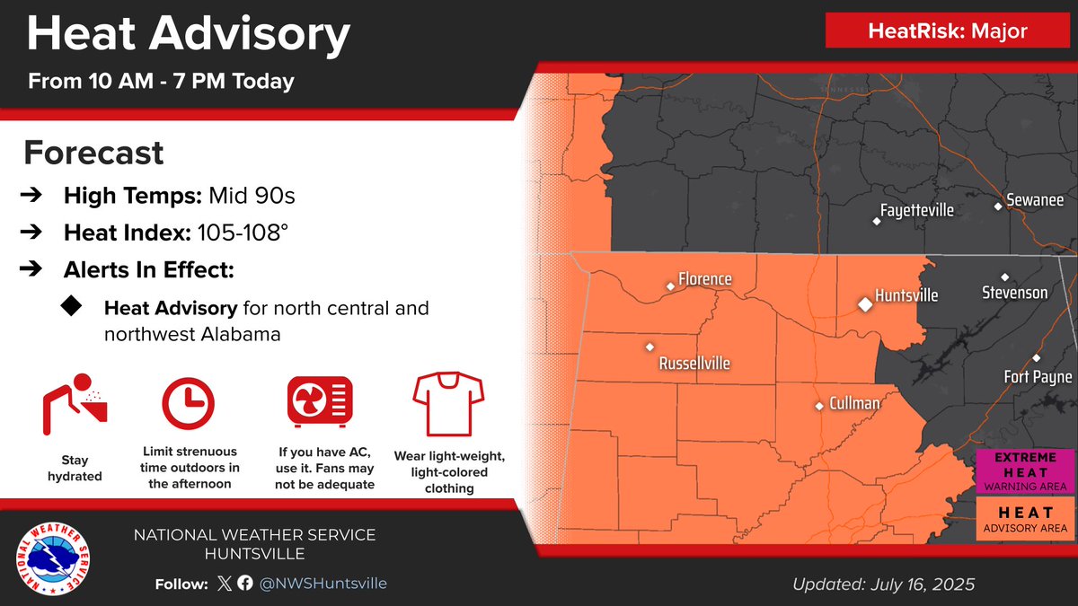 A Heat Advisory has been issued from 10 AM to 7 PM Today, with afternoon heat indices reaching as high as 108 degrees. Please practice heat safety especially when spending time outdoors!