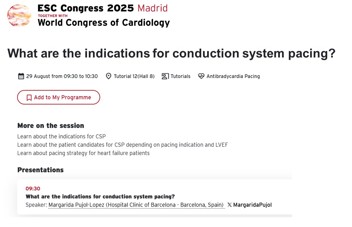 Margarida Pujol Lopez (@margaridapujol) on Twitter photo What are the indications for conduction system pacing? ⚡️💡 #ESC2025 Madrid 🇪🇸 29Aug
CRT, LOT/HOT-CRT, AV block, Ablate&Pace
Left bundle branch pacing, 📌📏✅physio; not just any “septal”. 🔧 Tools.
<a href="/curilakarol/">curilakarol</a> <a href="/OCanoPerez/">Óscar Cano</a> <a href="/Dr_JozaEP/">Jacqueline Joza</a> <a href="/EJSMD/">Edward J Schloss MD</a> <a href="/ritmo_SEC/">Asociación del Ritmo Cardiaco</a>
esc365.escardio.org/esc-congress/s… What are the indications for conduction system pacing? ⚡️💡 #ESC2025 Madrid 🇪🇸 29Aug
CRT, LOT/HOT-CRT, AV block, Ablate&Pace
Left bundle branch pacing, 📌📏✅physio; not just any “septal”. 🔧 Tools.
<a href="/curilakarol/">curilakarol</a> <a href="/OCanoPerez/">Óscar Cano</a> <a href="/Dr_JozaEP/">Jacqueline Joza</a> <a href="/EJSMD/">Edward J Schloss MD</a> <a href="/ritmo_SEC/">Asociación del Ritmo Cardiaco</a>
esc365.escardio.org/esc-congress/s…