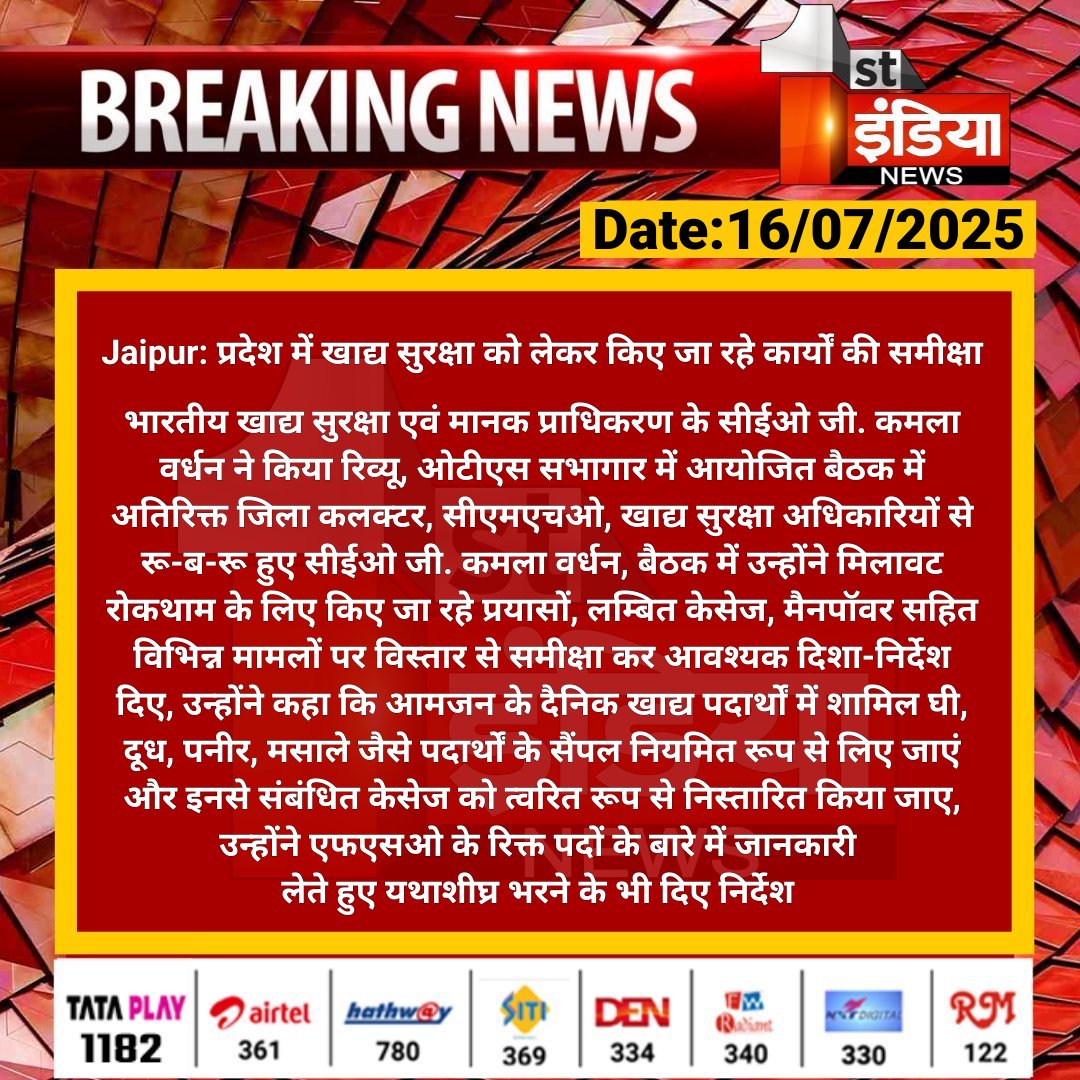 1stIndiaNews's tweet photo. #Jaipur: प्रदेश में खाद्य सुरक्षा को लेकर किए जा रहे कार्यों की समीक्षा
भारतीय खाद्य सुरक्षा एवं मानक प्राधिकरण के सीईओ जी. कमला वर्धन ने किया रिव्यू, ओटीएस सभागार में आयोजित बैठक में अतिरिक्त....
#RajasthanWithFirstIndia #JaipurNews @RajGovOfficial @ml_vikas https://t.co/AMVsySgqE3