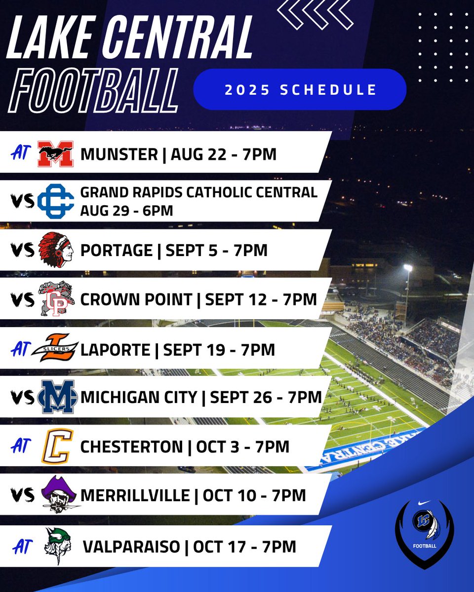 Your 2025 schedule is here 🟦⬜️🏈
#WeAreLC #FAMILY
<a href="/LCIndians/">LC Athletics</a> 
<a href="/lakecentralnews/">Lake Central</a> 
<a href="/TownofDyer/">Town of Dyer</a> | <a href="/ScherervilleIN/">Town of Schererville</a> | <a href="/TownofStJohnIN/">Town of St. John Indiana</a>