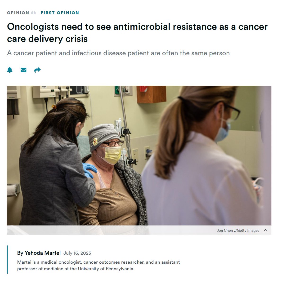 AMRActionFund's tweet image. "It is no exaggeration when I say that antibiotics have helped nearly every cancer patient whom I have successfully cared for during their hospital admission for complications of their cancer or treatment." #AMR #Cancer statnews.com/2025/07/16/can…