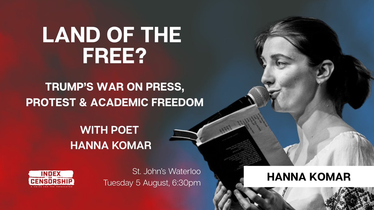 Index on Censorship (@indexcensorship) on Twitter photo Belarusian poet <a href="/KomarHanna/">Hanna Komar</a> will perform a new piece shaped by Trump’s banned words list at our upcoming Land of the Free? magazine launch. Join us on Tues 5 Aug for a drinks reception, recital and panel discussion on #Trump's attack on free expression:
eventbrite.co.uk/e/1424202521079 Belarusian poet <a href="/KomarHanna/">Hanna Komar</a> will perform a new piece shaped by Trump’s banned words list at our upcoming Land of the Free? magazine launch. Join us on Tues 5 Aug for a drinks reception, recital and panel discussion on #Trump's attack on free expression:
eventbrite.co.uk/e/1424202521079
