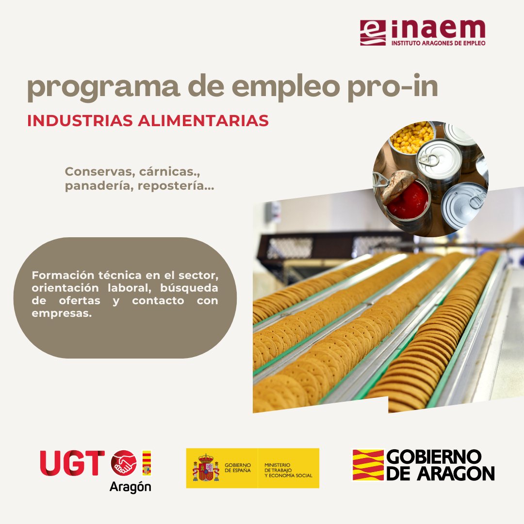 ⏳Finalizamos el Proyecto Programa Integral de Empleo (PRO-IN INDUSTRIA ALIMENTARIA) 

🙋‍♀️Hemos formado y ofrecido orientación laboral en este sector a 60 personas en Aragón

La inserción laboral es del 73,33% y el 26,66% en la industria alimentaria🥫

@inaempleo