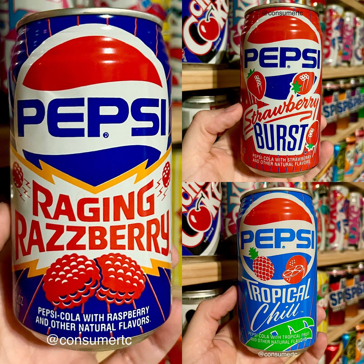 consumertc's tweet image. From the can collection: The PEPSI WILD BUNCH (1991) - Raging Razzberry, Strawberry Burst & Tropical Chill. Elite can design meets some fun, limited-time flavors... unfortunately, these never made it past test markets.