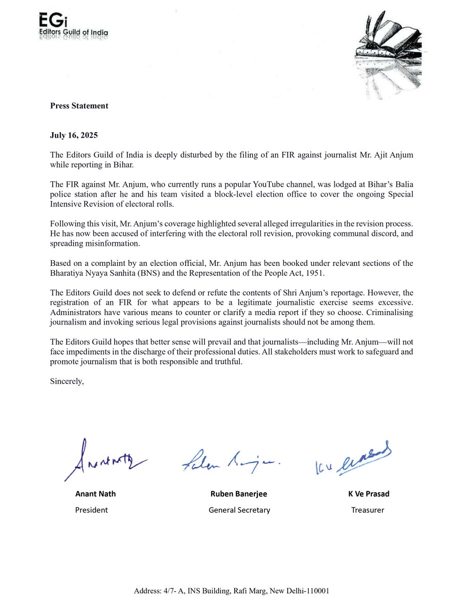 EGI Statement on FIR Against Journalist Ajit Anjum
