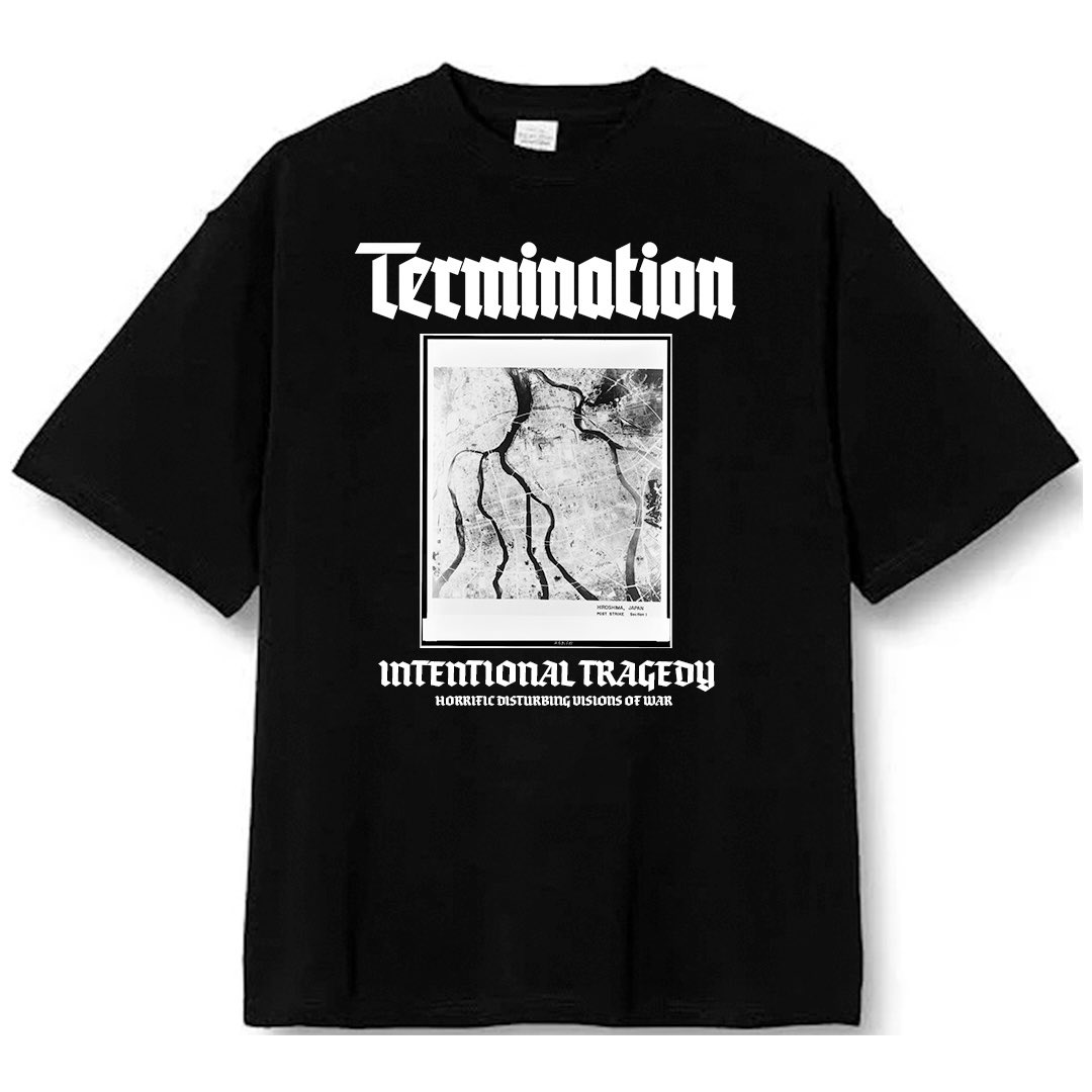 termination616's tweet image. 新作Tシャツ&quot;Intentional Tragedy&quot;を8/6にリリース、7/23難波ベアーズのライブから会場限定で先行販売します。

国内発送のみで通販の受付もいたします。
通販の締切は7/31、発送は8/6以降となります。
詳細はこのツイートのリプライをご覧ください。