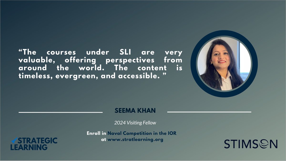 stratlearning's tweet image. Hear from 2024 Visiting Fellow @seemashafiq71 on why SLI’s courses stand out—bringing global perspectives to strategic learning in Southern Asia and beyond.
Enroll now in Naval Competition in the Indian Ocean Region → stratlearning.org