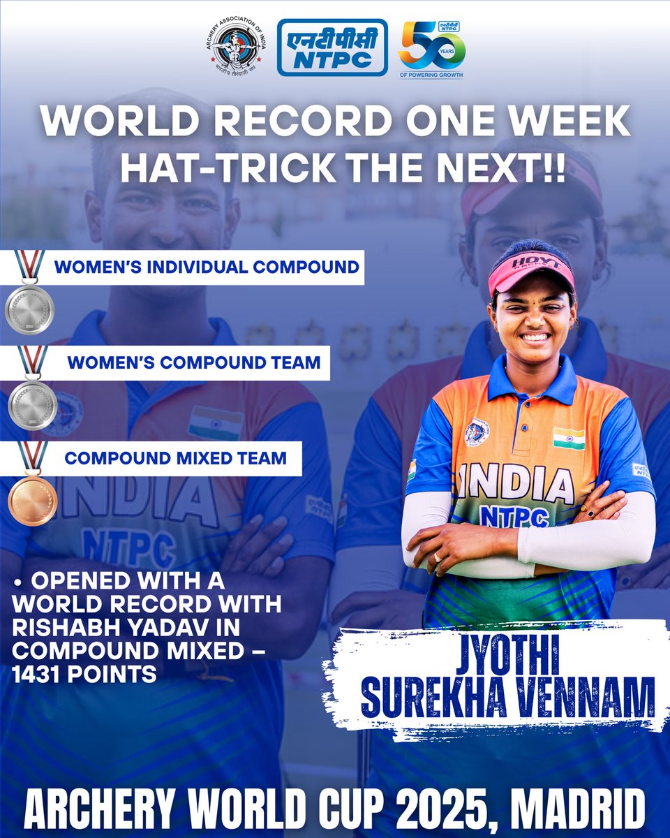 ARCHERY ASSOCIATION OF INDIA (@india_archery) on Twitter photo Congratulations to Jyothi Surekha Vennam and Rishabh Yadav on creating a new #WorldRecord in the compound mixed team event with a marvellous 1431 points.
India applauds their outstanding accomplishment on the global stage.
Title sponsor: <a href="/ntpclimited/">NTPC Limited</a>
#Archery #India Congratulations to Jyothi Surekha Vennam and Rishabh Yadav on creating a new #WorldRecord in the compound mixed team event with a marvellous 1431 points.
India applauds their outstanding accomplishment on the global stage.
Title sponsor: <a href="/ntpclimited/">NTPC Limited</a>
#Archery #India