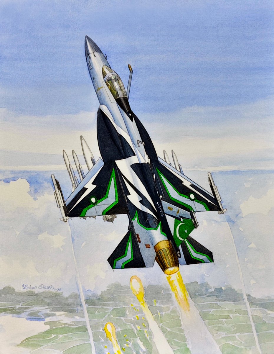 RehanSiraj1's tweet image. Extremely grateful to see the paint scheme on the real aircraft. It was a joint effort by @tipu_creativity and I.
Made this painting last night. It is a #watercolor #painting in A4 size.
Alhamdolillah. Thank you #PAF and all for your support.
#RIAT25 #riat2025 #JF17