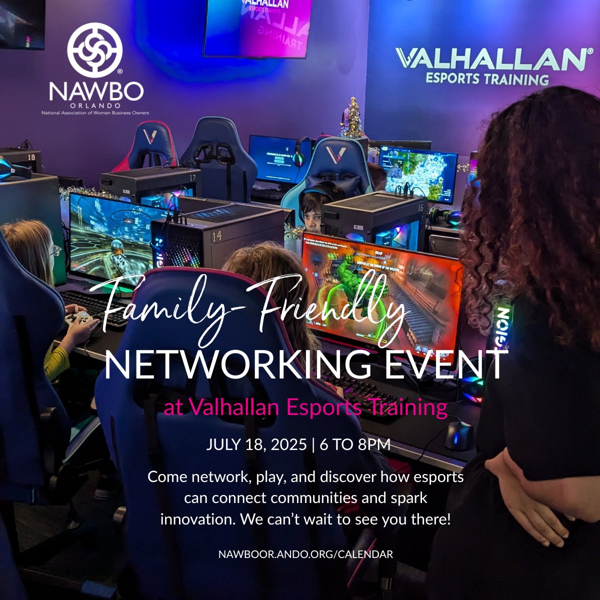 🎮 Game on with NAWBO!
Join us July 18 for a family-friendly networking night at Valhallan Esports in Altamonte Springs. 

🕕 6–8 PM | 🎟️ $10–$25 | 👨‍👩‍👧‍👦 Kids welcome
Let’s network, play, and level up together.

👉 Register now: [cflbizlink.com/event/nawbo-fa…