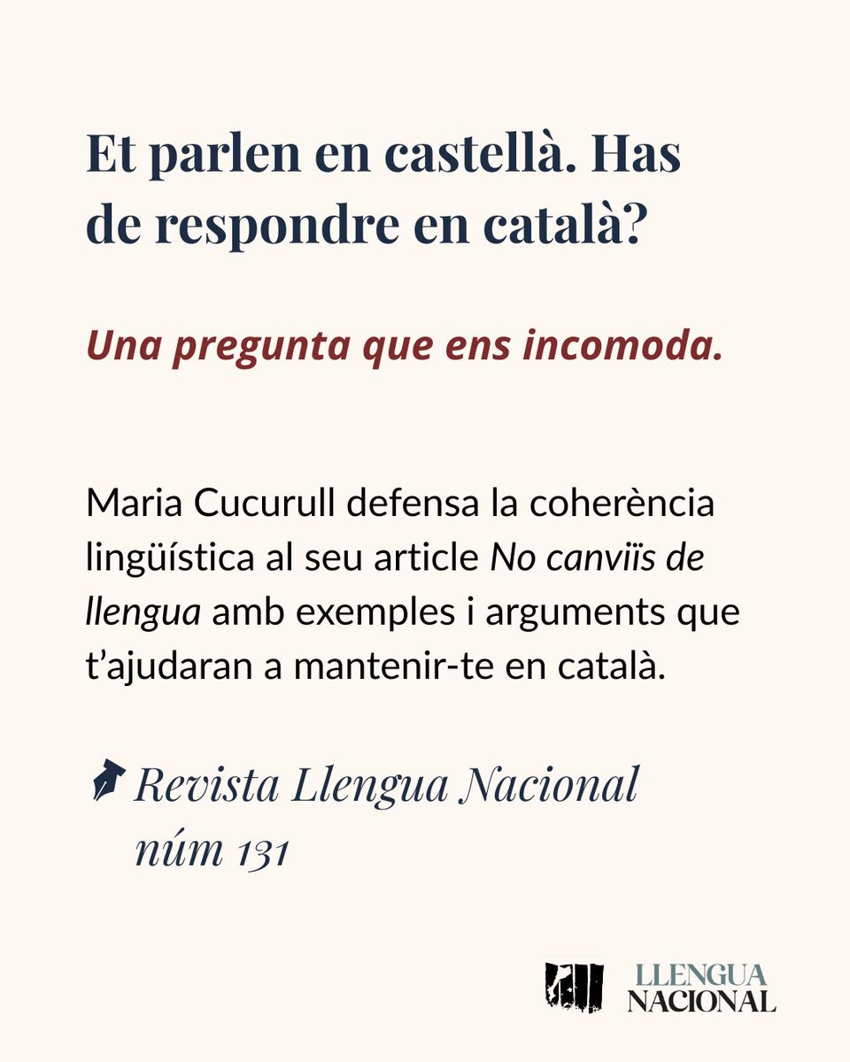 😬Una pregunta que ens incomoda.
Maria Cucurull defensa la coherència lingüística al seu article "No canviïs de llengua" amb exemples i arguments que t’ajudaran a mantenir-te en català.
tuit.cat/JhnFu