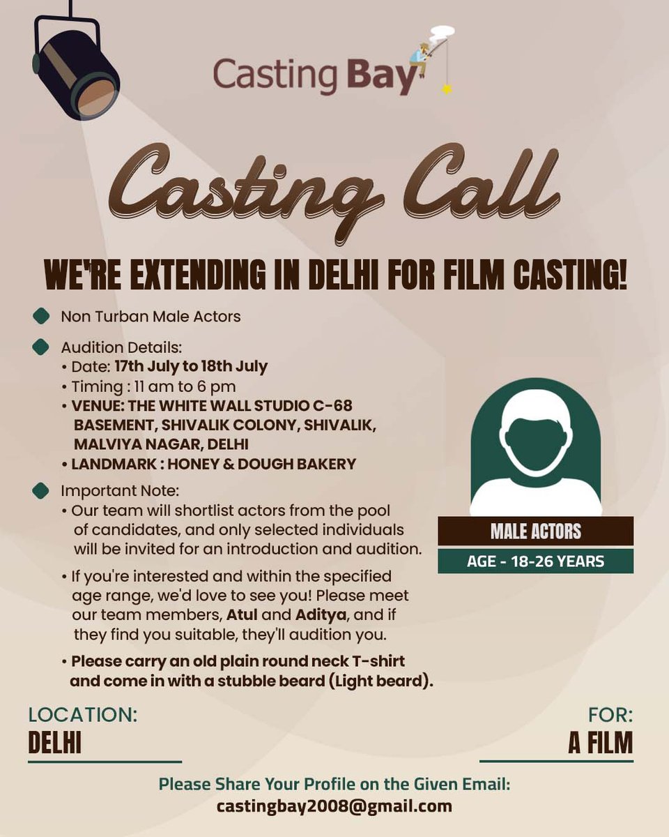 Please read the requirements carefully &amp; send us an email if you fit on the given email-id, feel free to share it with anyone you think fits the part. Thank you!

Venue Location - maps.google.com/?q=28.540001,7… 

#CastingBay #CastingCall #Casting #Actor #MaleActor #Delhi