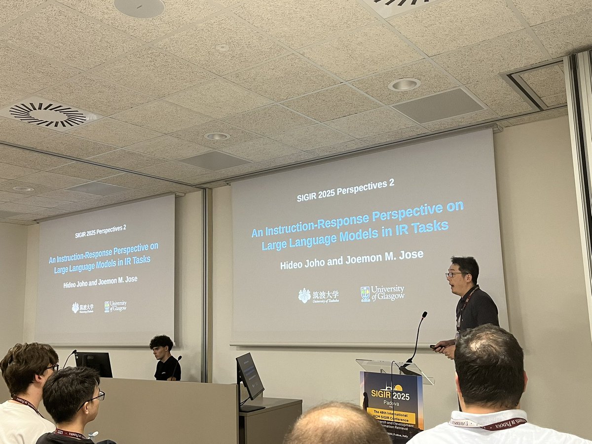 ir_glasgow's tweet image. Now it’s the turn of @hideo_joho from Tsukuba University presenting a paper at #sigir2025 with J Jose entitled “An instruction-response perspective on LLMs in IR tasks” - one of the results of his research visit to @GlasgowCS