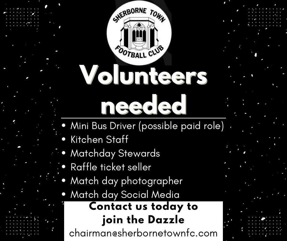 Ahead of the new 2025/2026 <a href="/WessexLeague/">Velocity Wessex League</a> and <a href="/DPL_official/">Dorset Premier Football League</a> seasons we are looking for volunteers to help our existing team. If interested please get in touch and join the #Dazzle #Zebras #COYZ <a href="/swsportsnews/">South West Sports News</a> <a href="/Abbey_104/">Abbey104</a> <a href="/sherbornetimes/">Sherborne Times</a> <a href="/NonLeagueCrowd/">Non League Crowds</a> <a href="/SherborneTownCl/">Sherborne Town Council</a> <a href="/nonleaguevol/">Non-League Volunteers</a>